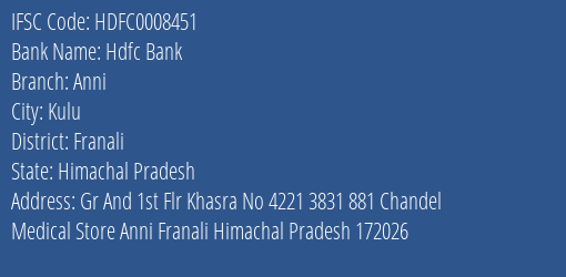 Hdfc Bank Anni Branch Franali IFSC Code HDFC0008451