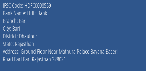 Hdfc Bank Bari Branch Dhaulpur IFSC Code HDFC0008559