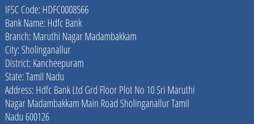 Hdfc Bank Maruthi Nagar Madambakkam Branch Kancheepuram IFSC Code HDFC0008566