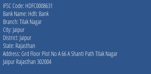 Hdfc Bank Tilak Nagar Branch Jaipur IFSC Code HDFC0008631