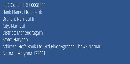 Hdfc Bank Narnaul Ii Branch Mahendragarh IFSC Code HDFC0008644