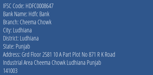Hdfc Bank Cheema Chowk Branch Ludhiana IFSC Code HDFC0008647