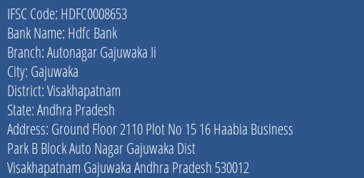 Hdfc Bank Autonagar Gajuwaka Ii Branch, Branch Code 008653 & IFSC Code Hdfc0008653