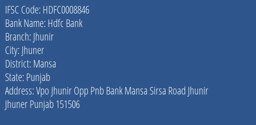 Hdfc Bank Jhunir Branch Mansa IFSC Code HDFC0008846