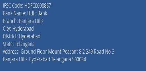 Hdfc Bank Banjara Hills Branch Hyderabad IFSC Code HDFC0008867