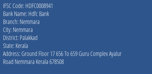 Hdfc Bank Nemmara Branch Palakkad IFSC Code HDFC0008941