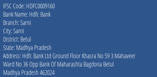 Hdfc Bank Sarni Branch, Branch Code 009160 & IFSC Code Hdfc0009160
