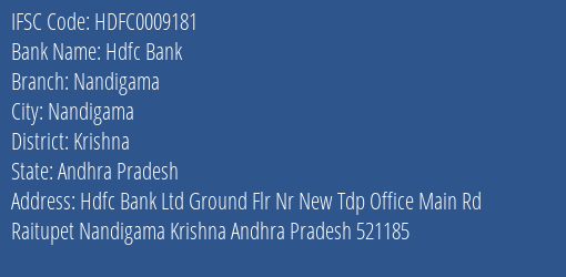 Hdfc Bank Nandigama Branch, Branch Code 009181 & IFSC Code Hdfc0009181