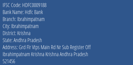 Hdfc Bank Ibrahimpatnam Branch Krishna IFSC Code HDFC0009188