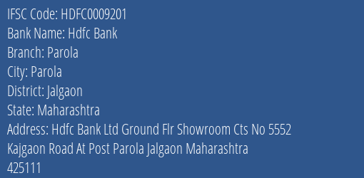 Hdfc Bank Parola Branch Jalgaon IFSC Code HDFC0009201