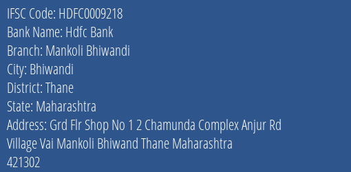 Hdfc Bank Mankoli Bhiwandi Branch Thane IFSC Code HDFC0009218