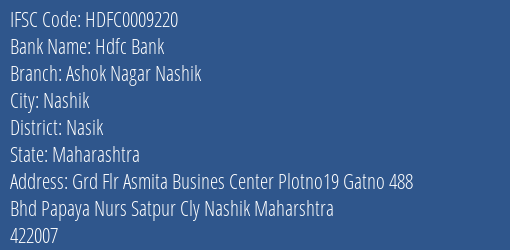 Hdfc Bank Ashok Nagar Nashik Branch Nasik IFSC Code HDFC0009220