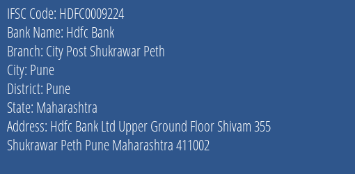 Hdfc Bank City Post Shukrawar Peth Branch Pune IFSC Code HDFC0009224