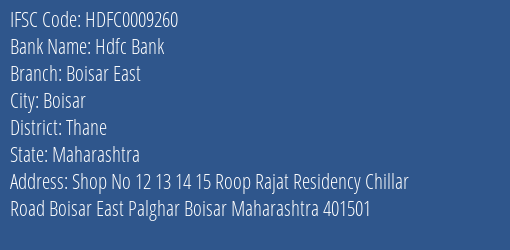 Hdfc Bank Boisar East Branch, Branch Code 009260 & IFSC Code Hdfc0009260