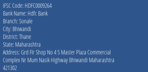 Hdfc Bank Sonale Branch Thane IFSC Code HDFC0009264