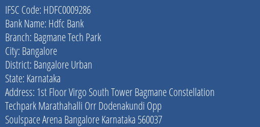 Hdfc Bank Bagmane Tech Park Branch Bangalore Urban IFSC Code HDFC0009286