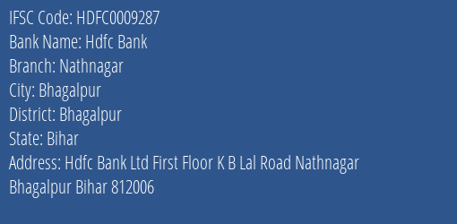 Hdfc Bank Nathnagar Branch Bhagalpur IFSC Code HDFC0009287