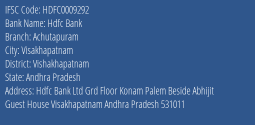 Hdfc Bank Achutapuram Branch Vishakhapatnam IFSC Code HDFC0009292