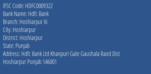 Hdfc Bank Hoshiarpur Iii Branch Hoshiarpur IFSC Code HDFC0009322