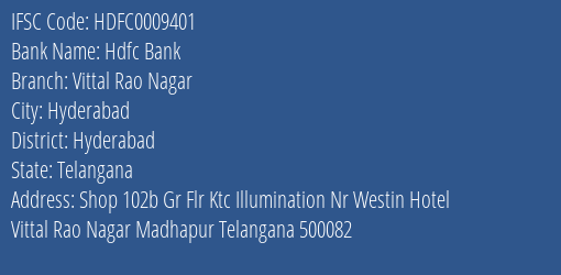 Hdfc Bank Vittal Rao Nagar Branch Hyderabad IFSC Code HDFC0009401