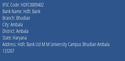 Hdfc Bank Bhudian Branch Ambala IFSC Code HDFC0009402