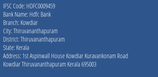 Hdfc Bank Kowdiar Branch Thiruvananthapuram IFSC Code HDFC0009459