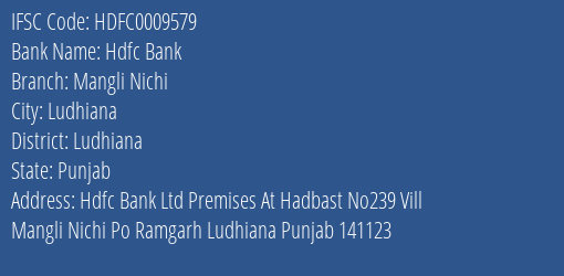Hdfc Bank Mangli Nichi Branch Ludhiana IFSC Code HDFC0009579