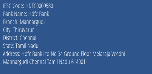 Hdfc Bank Mannargudi Branch Chennai IFSC Code HDFC0009580