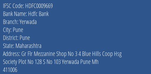 Hdfc Bank Yerwada Branch Pune IFSC Code HDFC0009669