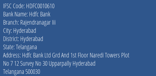 Hdfc Bank Rajendranagar Iii Branch, Branch Code 010610 & IFSC Code Hdfc0010610