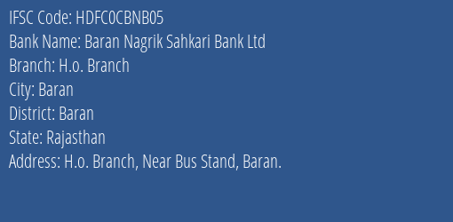 Hdfc Bank Baran Nagrik Sahkari Bank Ltd Branch, Branch Code CBNB05 & IFSC Code Hdfc0cbnb05