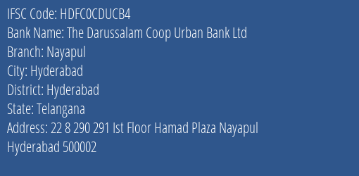 The Darussalam Coop Urban Bank Ltd Nayapul Branch Hyderabad IFSC Code HDFC0CDUCB4