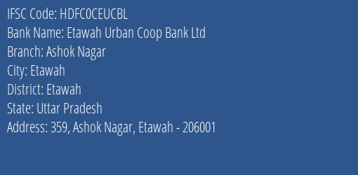 Hdfc Bank Etawah Urban Coop Bank Ltd Branch, Branch Code CEUCBL & IFSC Code HDFC0CEUCBL