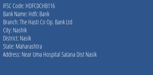 Hdfc Bank The Hasti Co Op. Bank Ltd Branch Nasik IFSC Code HDFC0CHB116