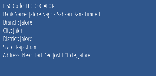 Hdfc Bank Jalore Nagrik Sahkari Bank Limited Branch Jalor IFSC Code HDFC0CJALOR