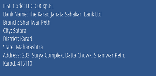 Hdfc Bank The Karad Janata Sahakari Bank Ltd Branch, Branch Code CKJSBL & IFSC Code Hdfc0ckjsbl