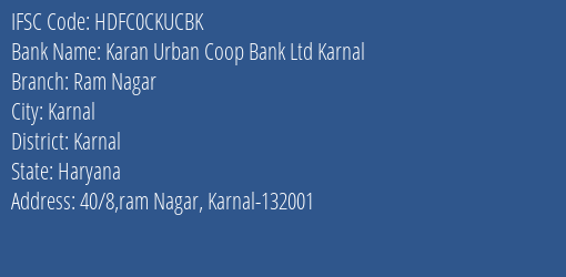 Hdfc Bank Karan Urban Coop Bank Ltd. Karnal Branch, Branch Code CKUCBK & IFSC Code Hdfc0ckucbk