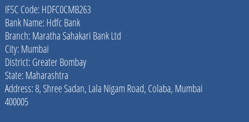 Hdfc Bank Maratha Sahakari Bank Ltd Branch Greater Bombay IFSC Code HDFC0CMB263