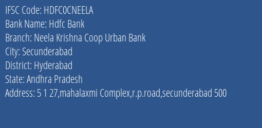 Hdfc Bank Neela Krishna Coop Urban Bank Branch, Branch Code CNEELA & IFSC Code HDFC0CNEELA