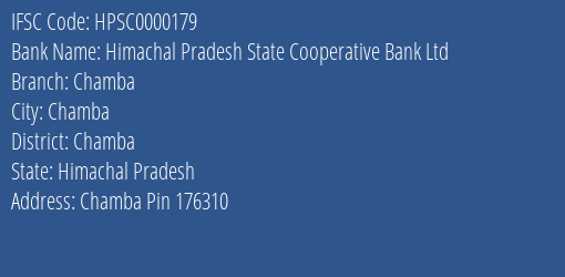 Himachal Pradesh State Cooperative Bank Ltd Chamba Branch, Branch Code 000179 & IFSC Code HPSC0000179