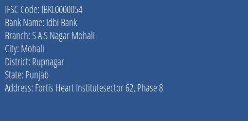 Idbi Bank S A S Nagar Mohali Branch Rupnagar IFSC Code IBKL0000054