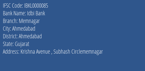 Idbi Bank Memnagar Branch Ahmedabad IFSC Code IBKL0000085