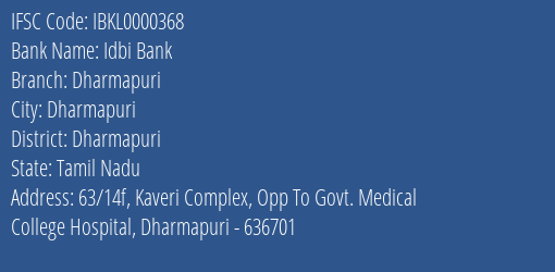 Idbi Bank Dharmapuri Branch, Branch Code 000368 & IFSC Code IBKL0000368