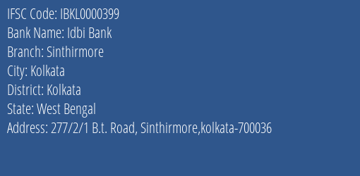 Idbi Bank Sinthirmore Branch Kolkata IFSC Code IBKL0000399