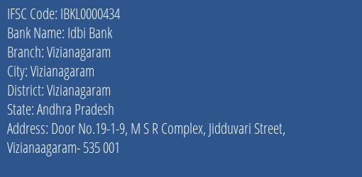 Idbi Bank Vizianagaram Branch, Branch Code 000434 & IFSC Code IBKL0000434