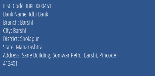 Idbi Bank Barshi Branch Sholapur IFSC Code IBKL0000461