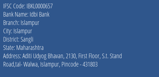 Idbi Bank Islampur Branch Sangli IFSC Code IBKL0000657