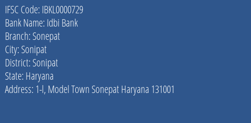 Idbi Bank Sonepat Branch, Branch Code 000729 & IFSC Code IBKL0000729