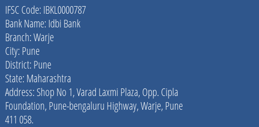 Idbi Bank Warje Branch Pune IFSC Code IBKL0000787