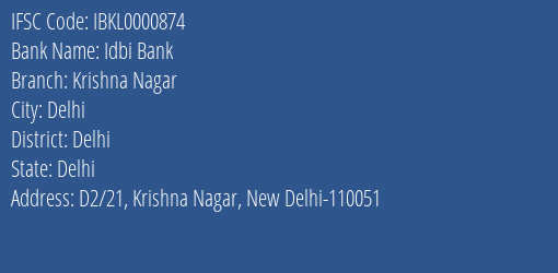 Idbi Bank Krishna Nagar Branch Delhi IFSC Code IBKL0000874